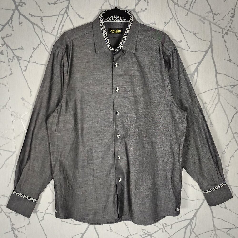 Banana Lemon Black Chambray Cotton Leopard Print Button Front Shirt